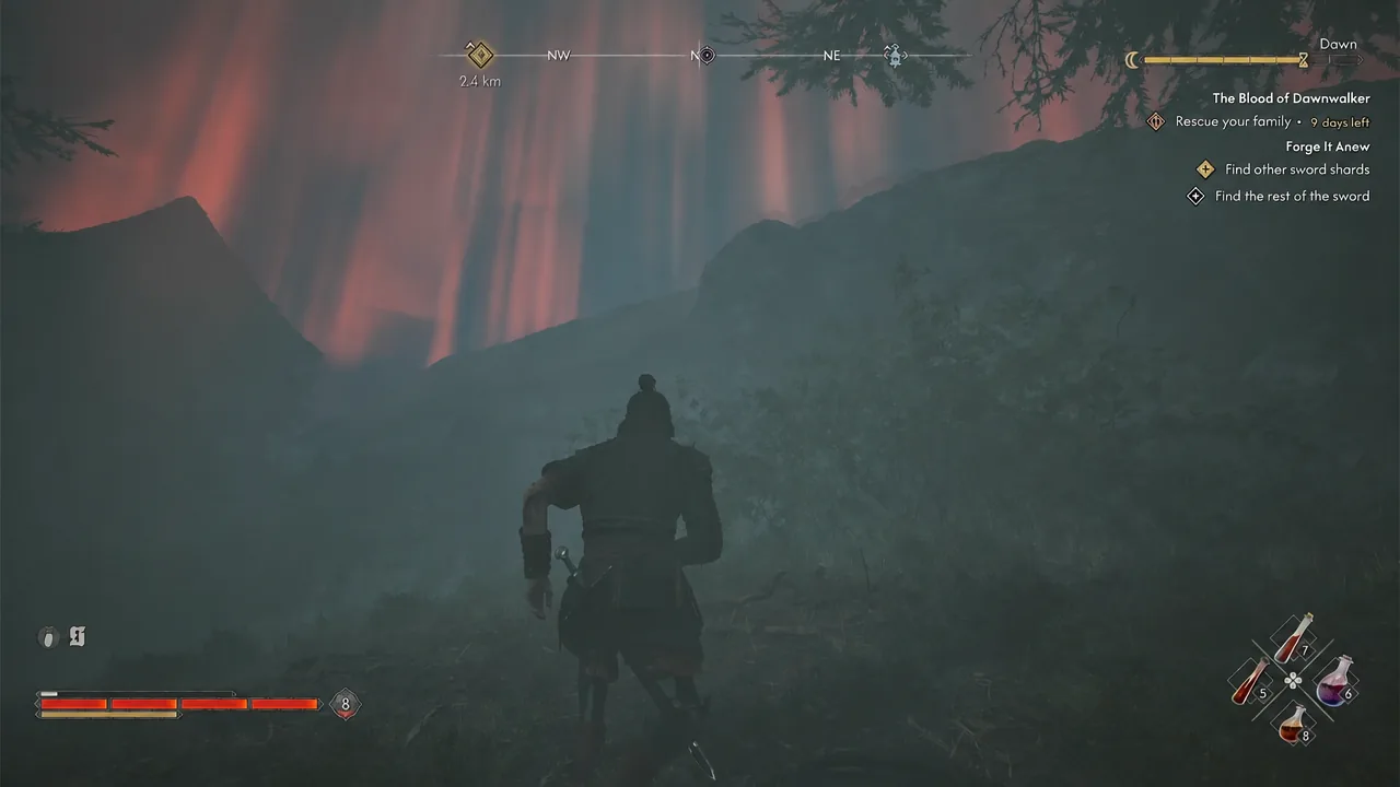 Coen running through a foggy ruin at dawn with the compass and quest tracker visible
