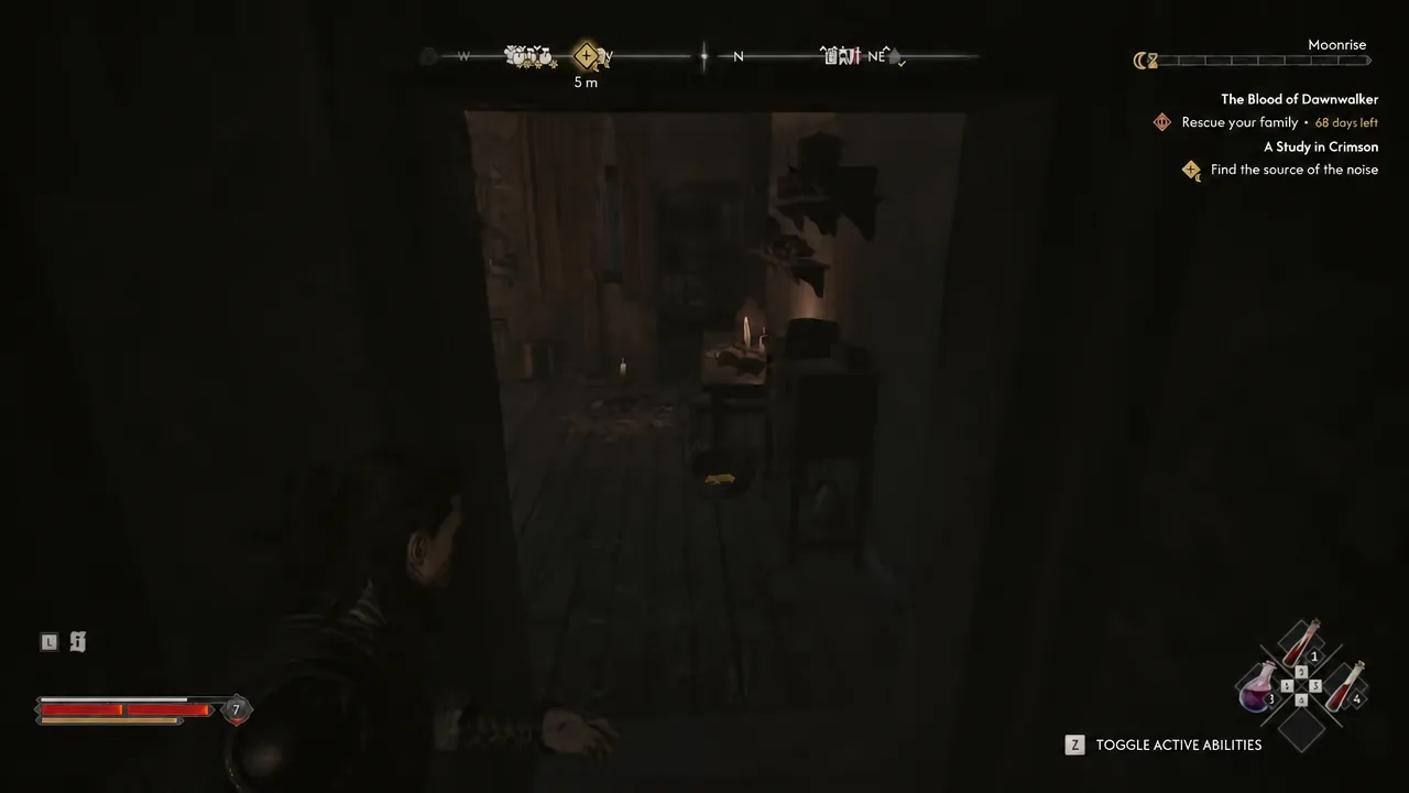Dark room inside Vicho's shop with the A Study in Crimson objective "Find the source of the noise" on the HUD