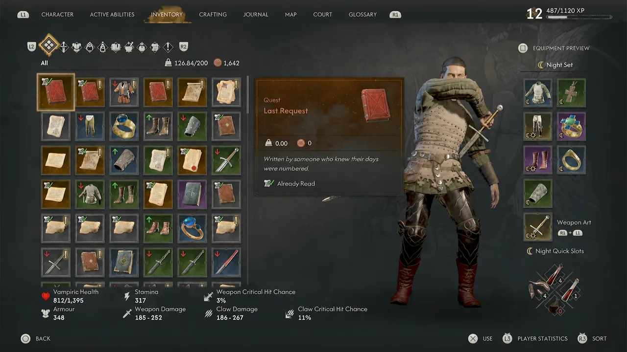 Inventory screen showing the letter recovered from the altar box with its details open