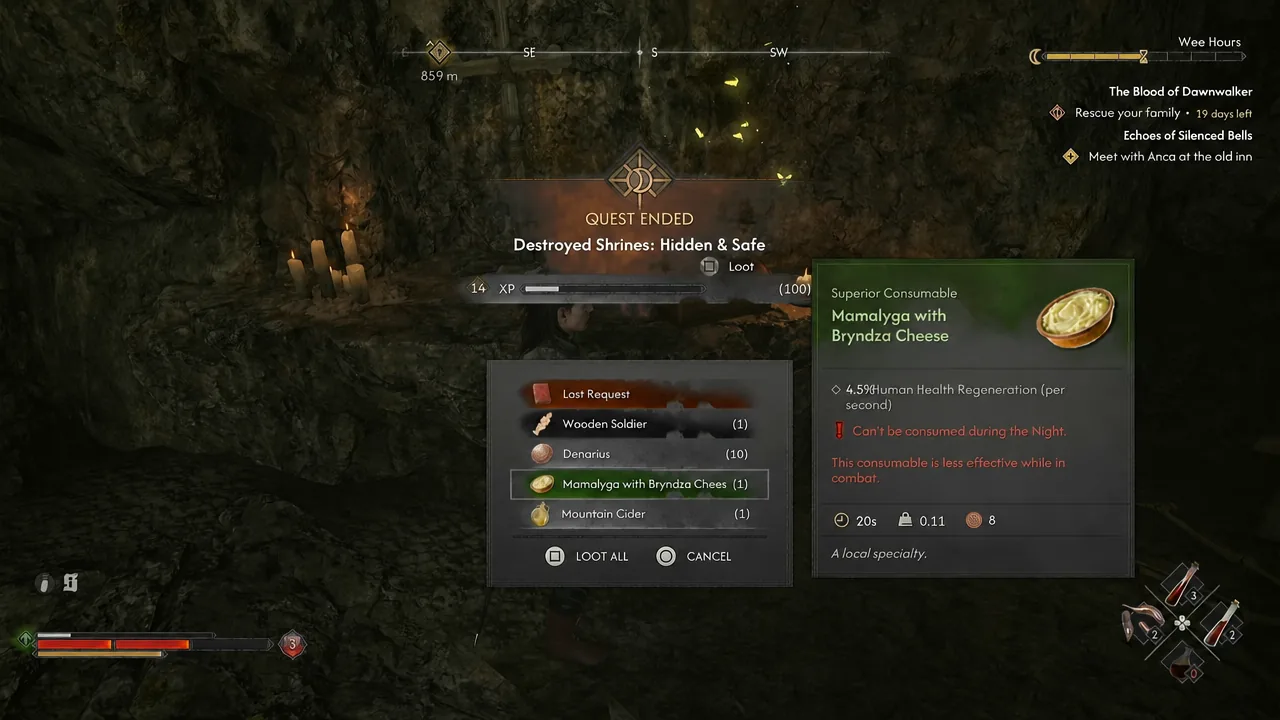 Loot screen with Mamalyga with Bryndza Cheese highlighted and its item details shown