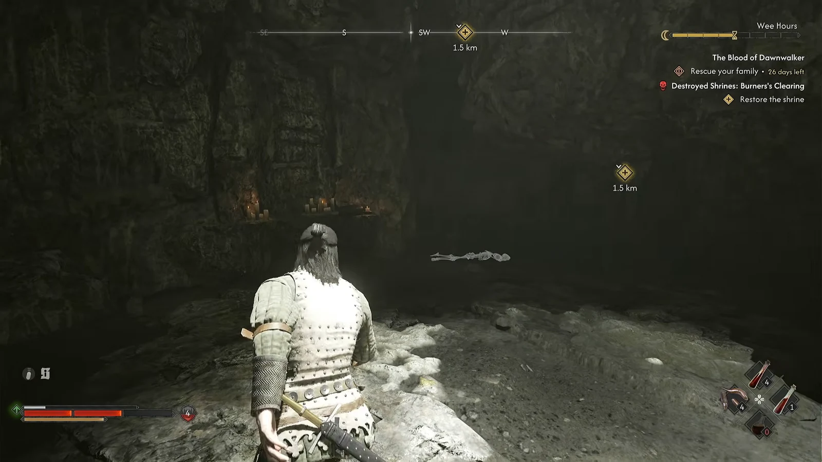 Quest tracker showing the Restore the shrine objective with a distance marker in a dark cave