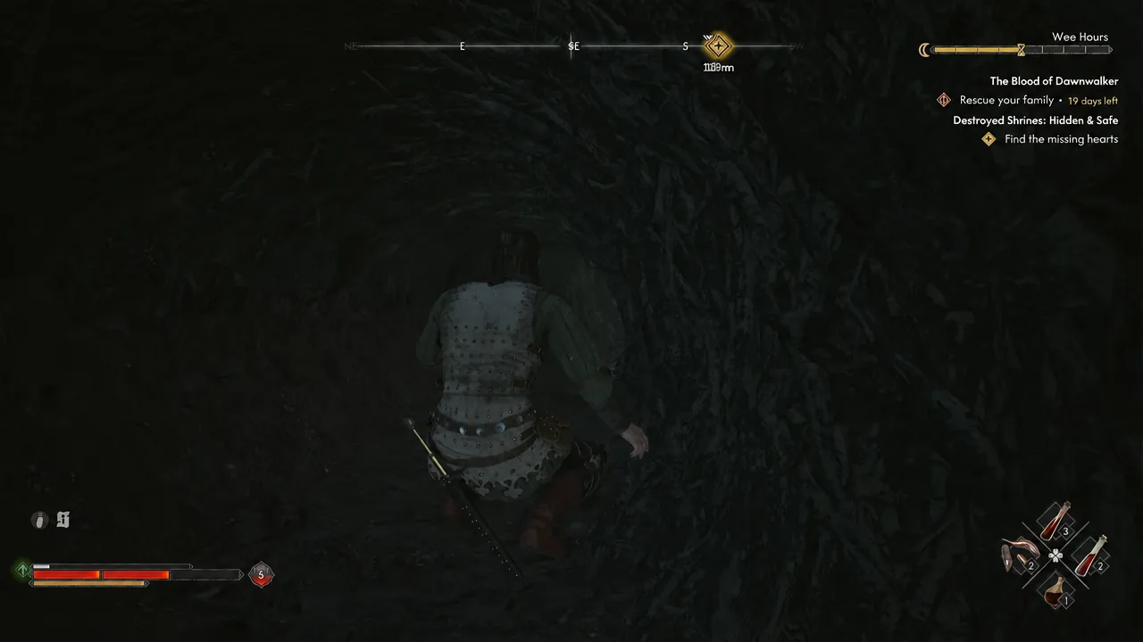 Coen moves through the dark cave passage with the Find the missing hearts objective tracked on screen