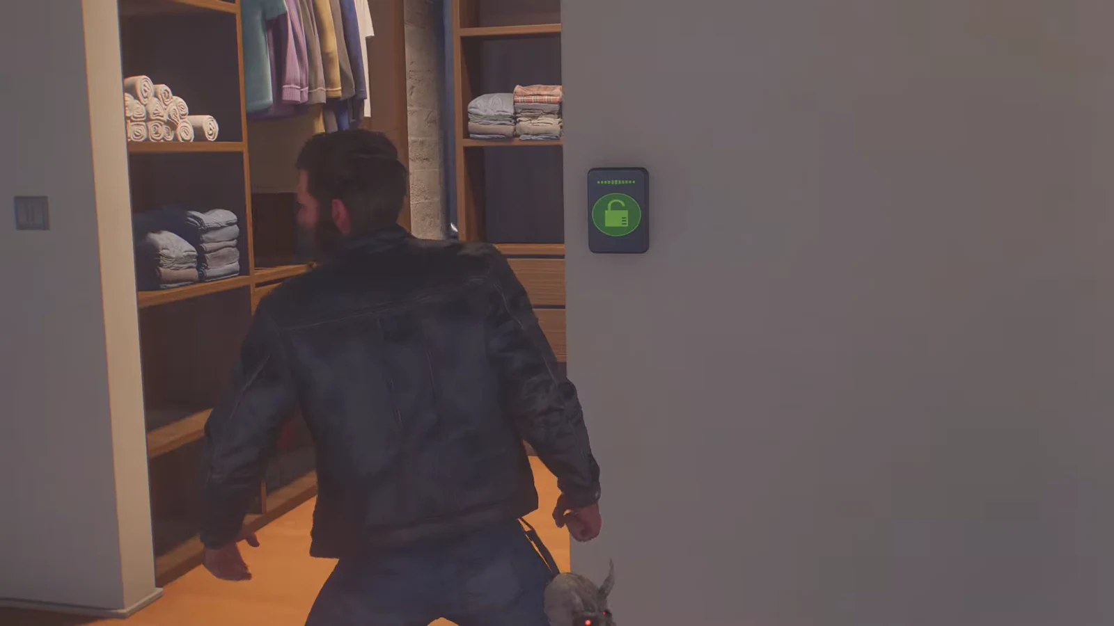 Green unlocked padlock icon glows beside the open wardrobe door in Shiro's apartment