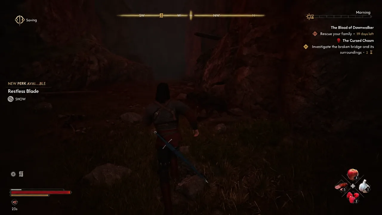 Restless Blade perk notification with a Show prompt during the chasm looting sequence