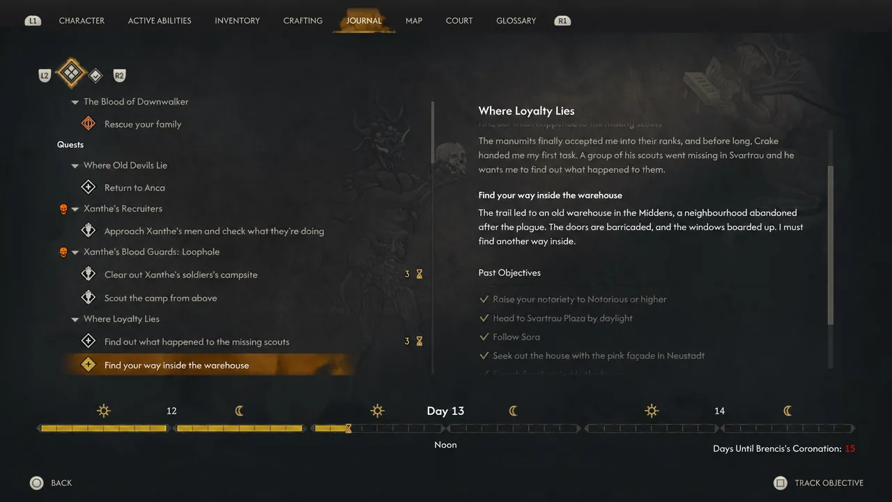 Journal screen with the Find your way inside the warehouse objective highlighted under Where Loyalty Lies