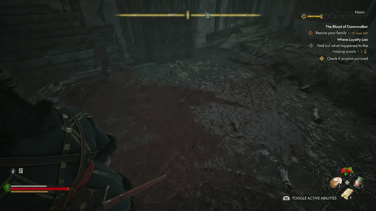 Coen moving through a dark stone interior with quest objectives and ability icons shown on the HUD