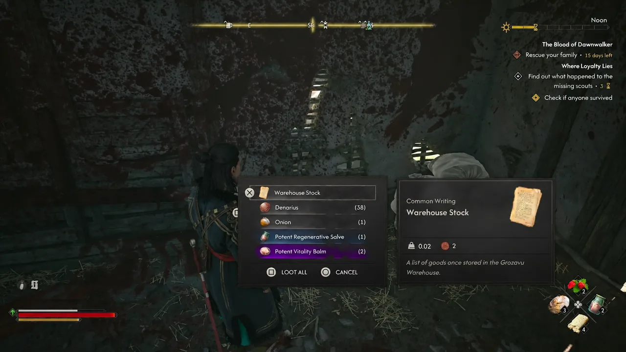 Warehouse Stock loot window with Potent Vitality Balm selected from the list of items