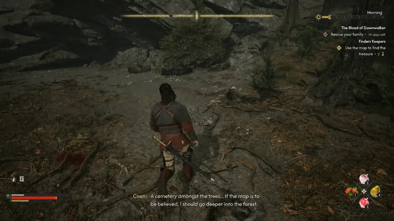Coen heading deeper into the woods with the Finders Keepers objective to find the treasure on screen