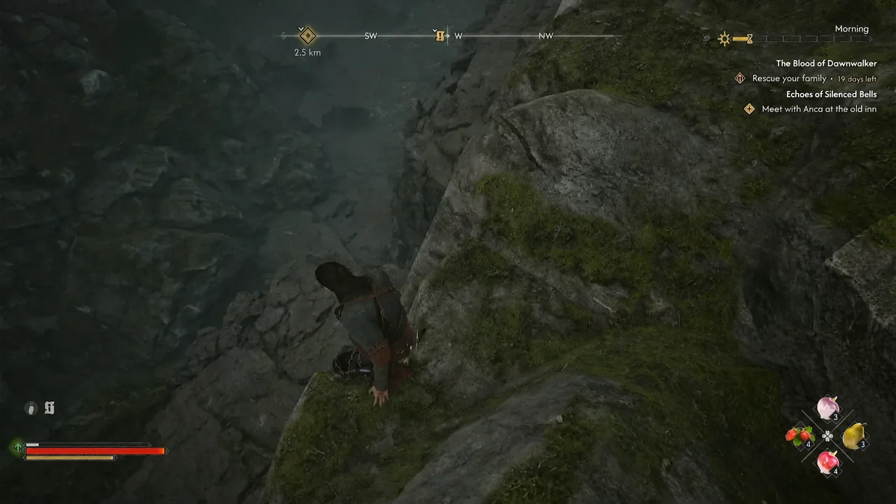 Coen climbing down a rocky cliff face into the canyon with the quest tracker visible