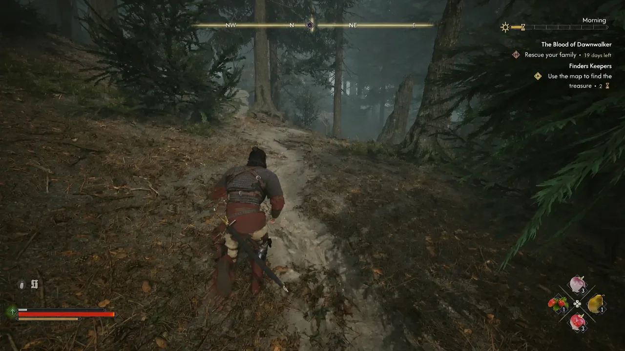 Coen moving quietly along a forest path with the family rescue objective in the quest tracker