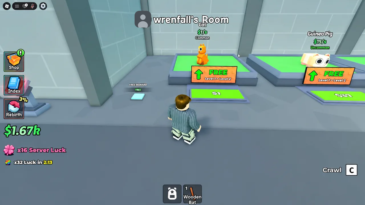 Base room screen showing the free Level 1 to Level 2 upgrade button for the Cat pet