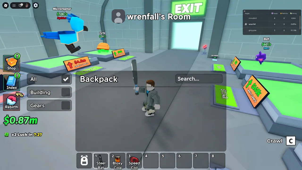 Backpack screen open on the All tab showing the player's collected pets