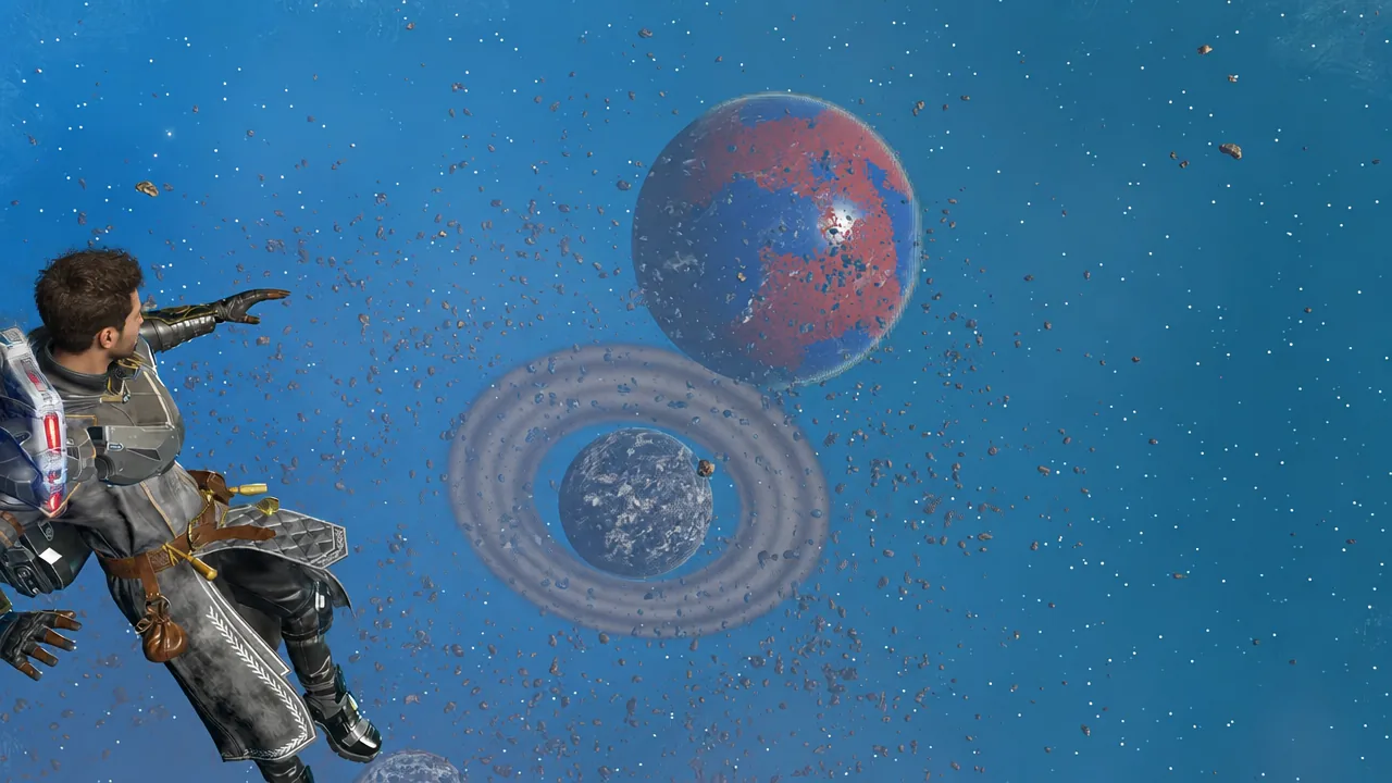 Player drifting in space toward a ringed planet and a large red and blue world