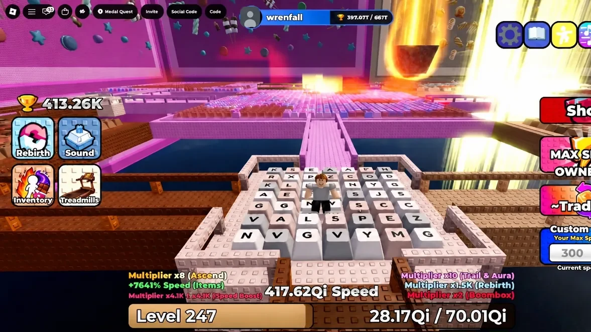 Avatar training on the letter-key treadmill with the Treadmills button on the left of the screen