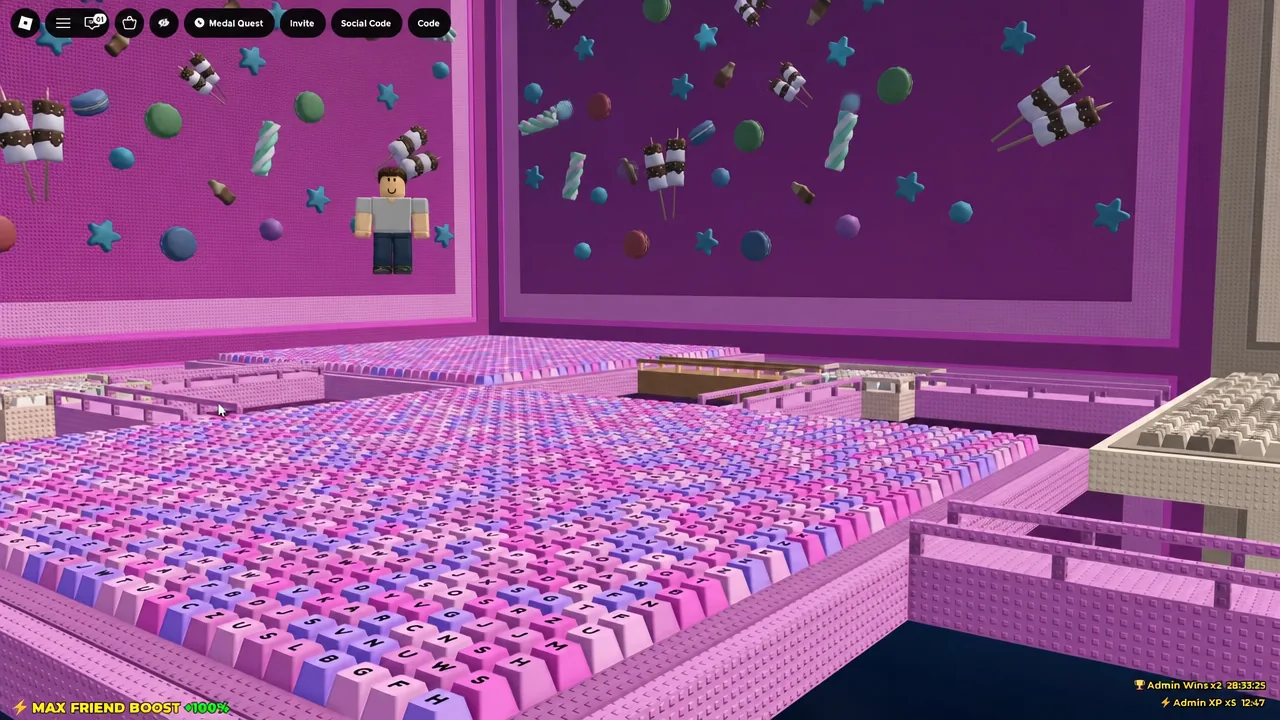 Player avatar standing on candy-themed keyboard platforms with the Medal Quest panel open