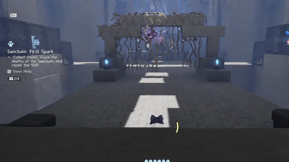Emberpup aiming Fire Bolt at hanging vines and an explosive barrel above a chest