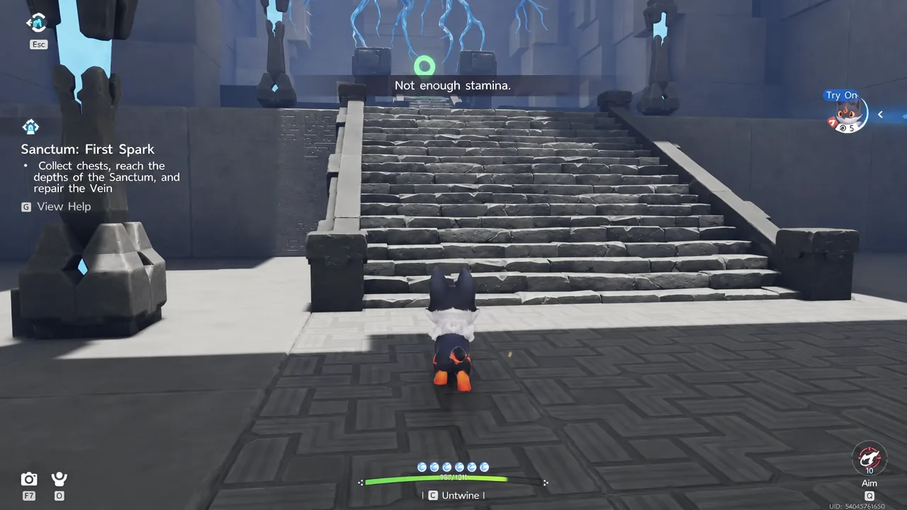 A Not enough stamina warning appears while climbing the central staircase in the sanctum