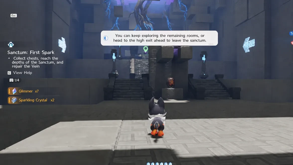 Sanctum objective text pointing to the high exit while side rooms remain unexplored