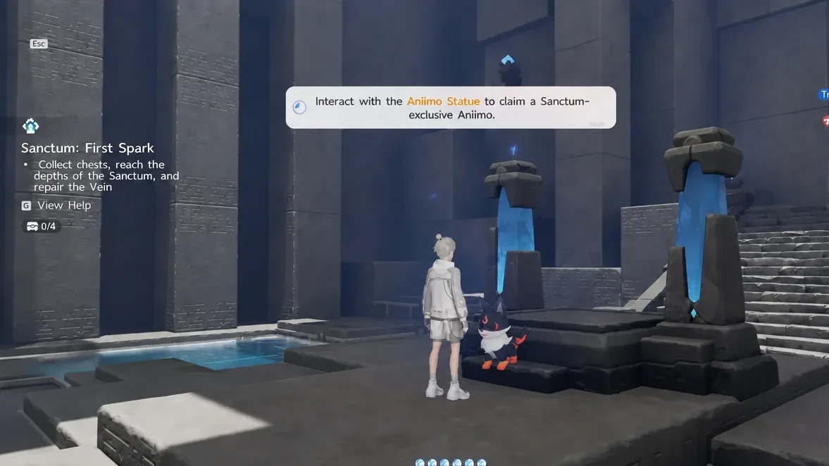 Sanctum: First Spark prompt telling the player to interact with the Aniimo Statue to claim a sanctum-exclusive Aniimo