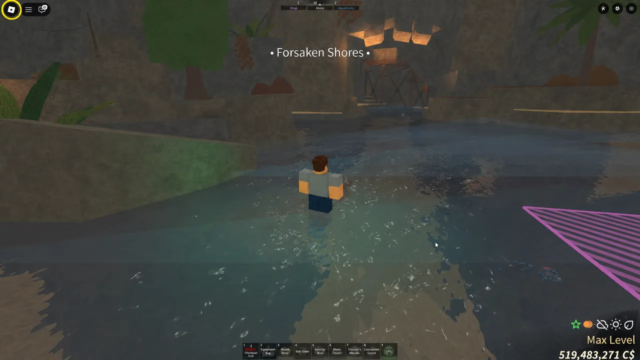Approaching the Forsaken Shores skull cave, with the first hotbar slot highlighted.