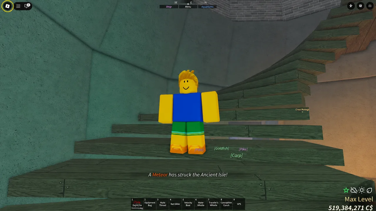 Wooden lighthouse staircase in Fisch with the on-screen prompt to open the backpack