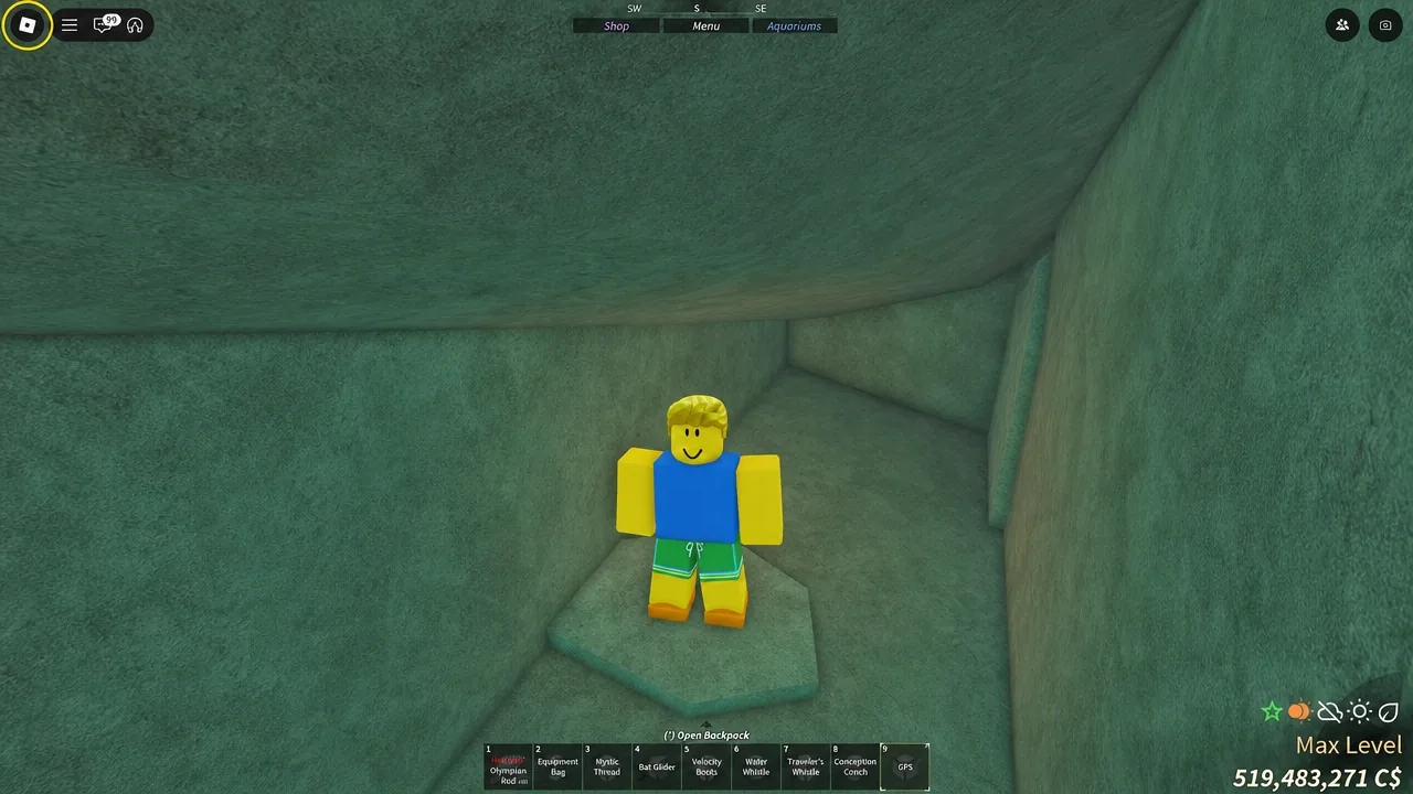 Player swimming through a dark underwater passage in Fisch while a Whale Shark alert appears