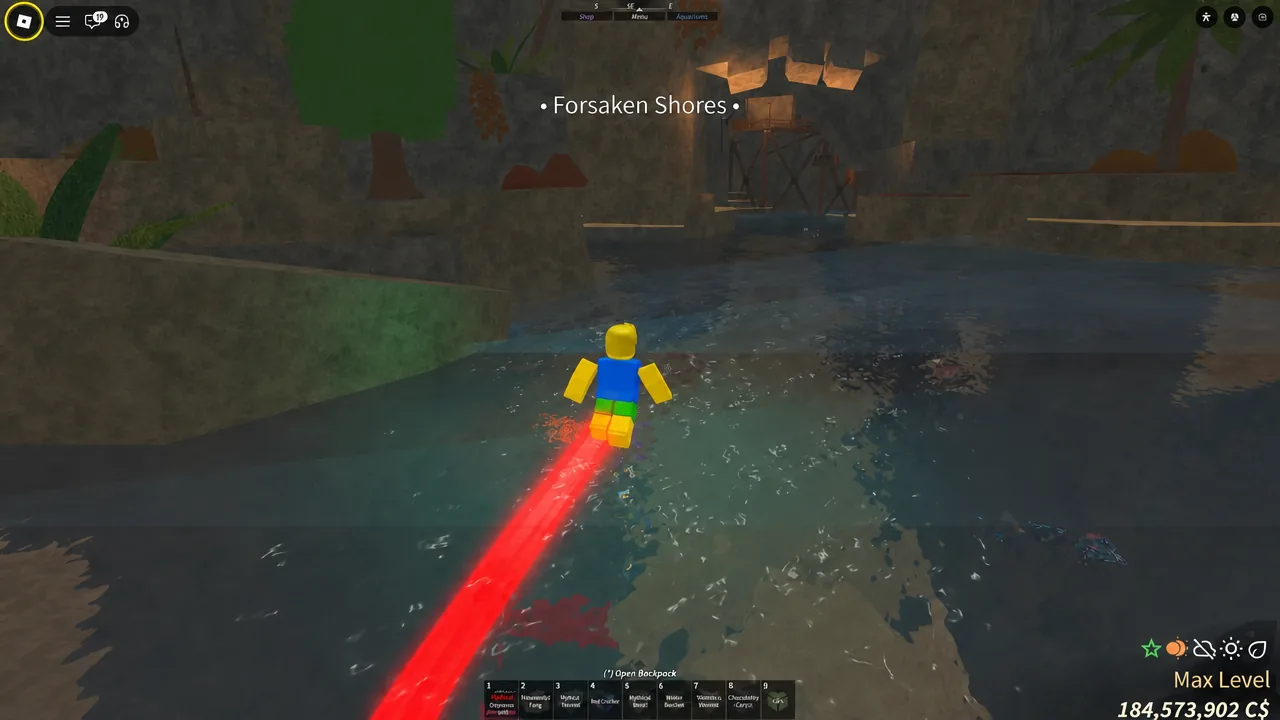 Swimming through the water at Forsaken Shores in Fisch with the first hotbar slot selected