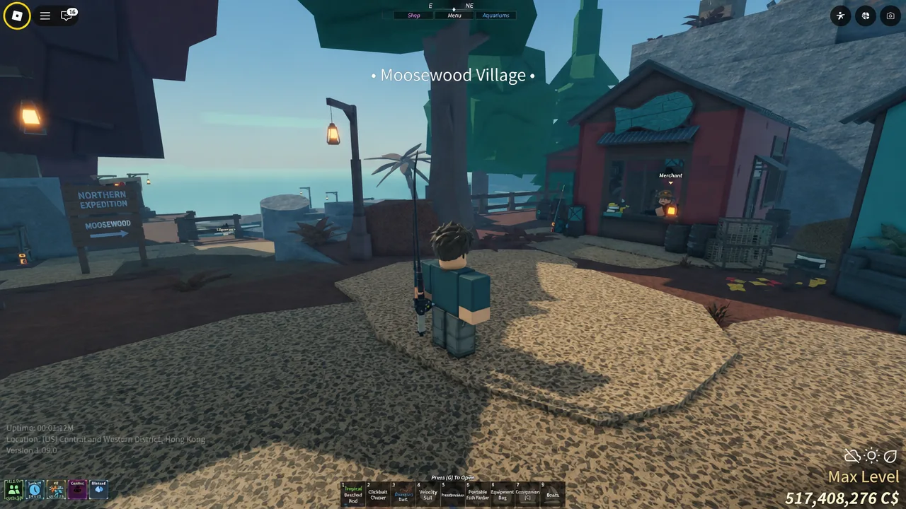 Fisch gameplay with the Roblox menu button highlighted while the player stands near the Merchant