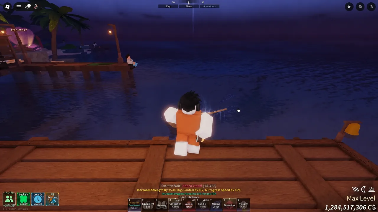 Catching fish with the Lullaby rod to stack the Prismatic melody buff before leaving the game