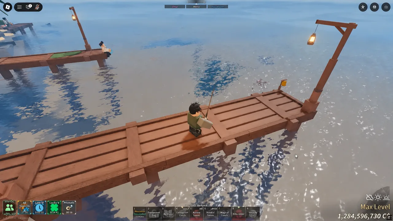 Sharing Lullaby melody buffs with a second account standing nearby in Fisch