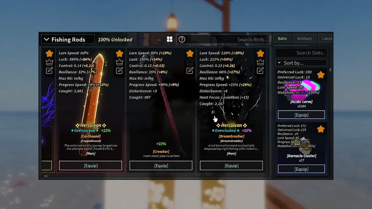Fishing Rods inventory open on the Baits tab with Acidic Larva selected and an Equip button ready
