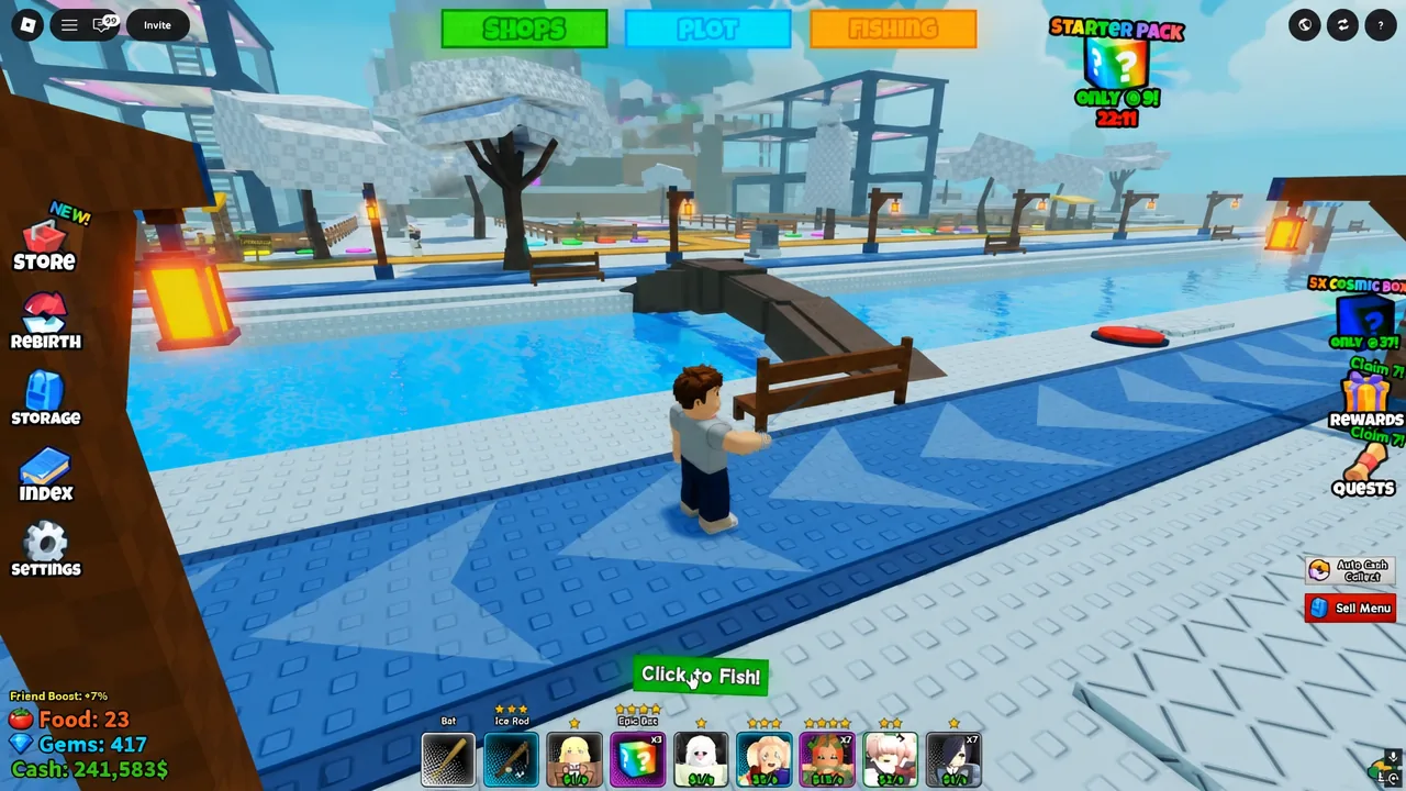 Gameplay screen showing the green Click to Fish button during a post-rebirth run