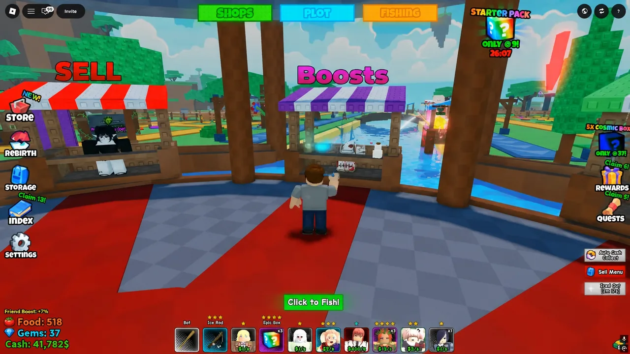 Fishing area with the Click to Fish button highlighted during an active boost