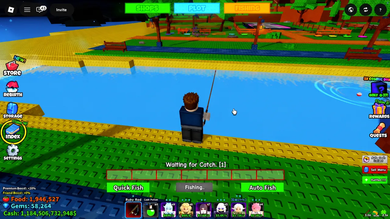 The fishing interface with the Fishing button active while the rod is cast and waiting