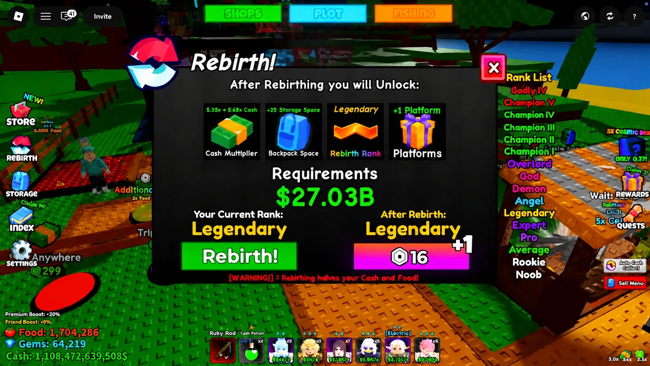 The Rebirth dialog listing Legendary rank requirements with the green Rebirth button