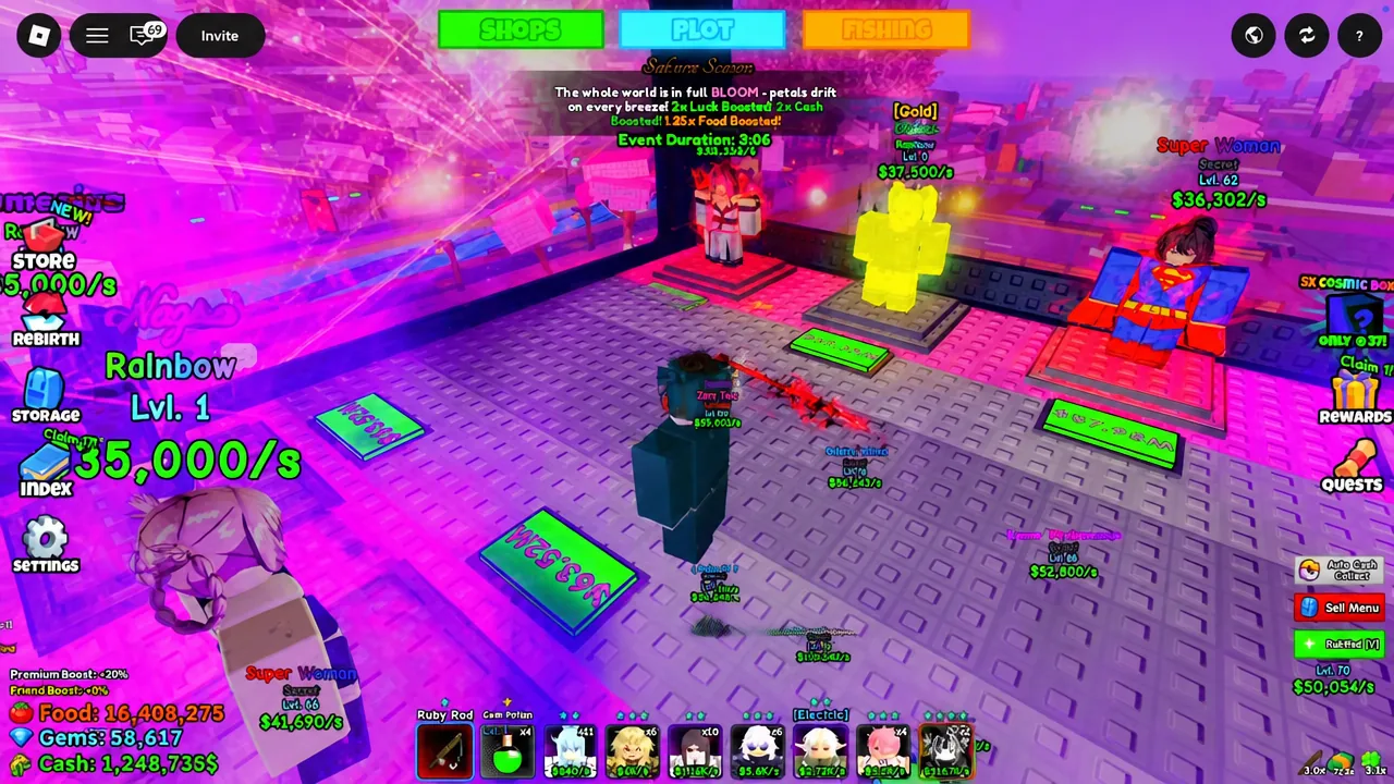The PLOT tab showing placed anime characters on platforms generating cash
