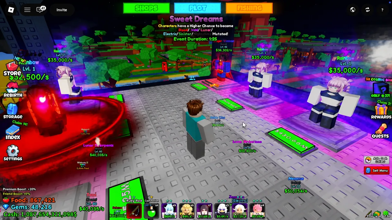 The SHOP tab open on the Sweet Dreams event area with purchasable units listed