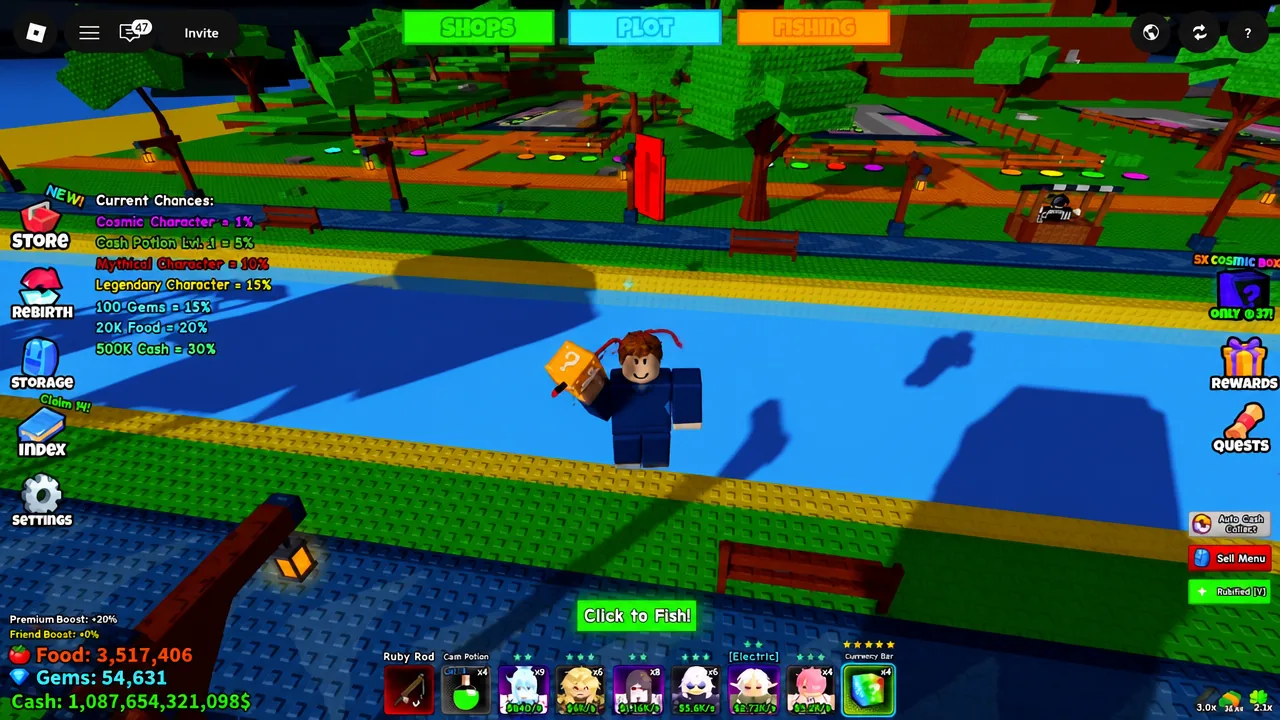 The FISHING screen with the Click to Fish button highlighted while the avatar casts