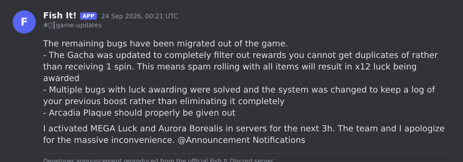 The Fish It update post in the game's Discord server