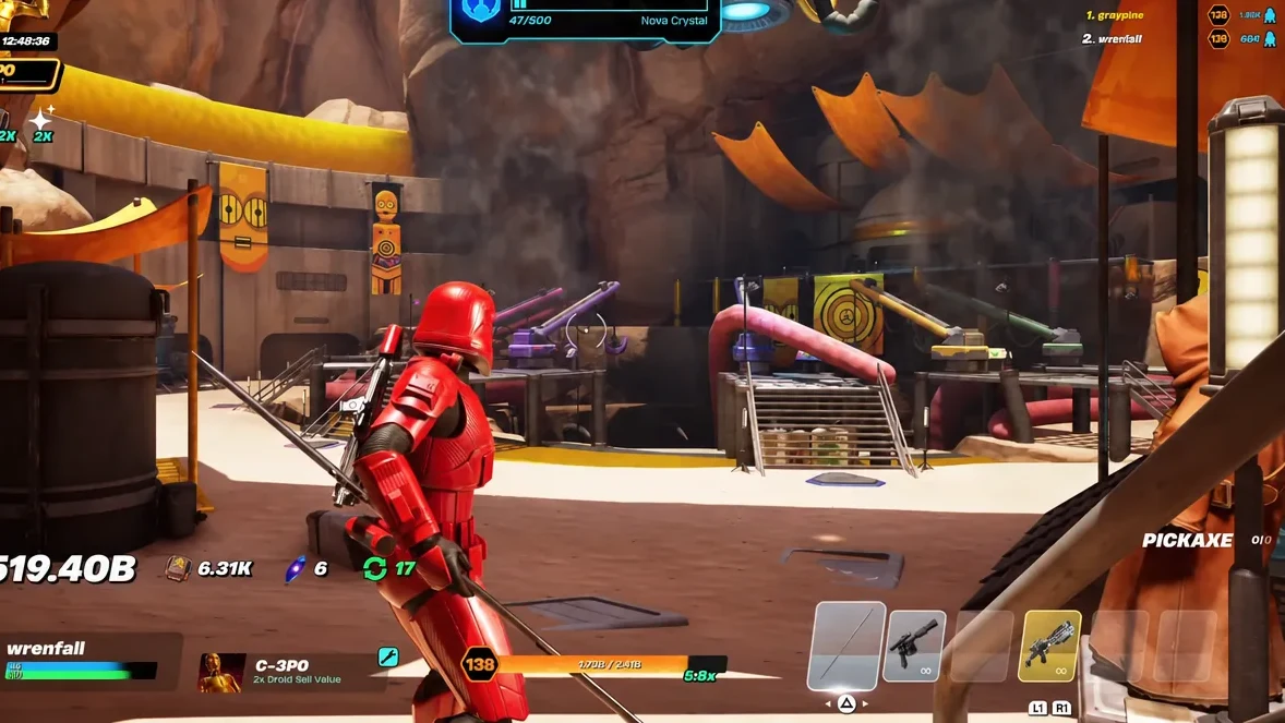 Pickaxe slot selected in the Droid Tycoon hotbar while standing in the event area
