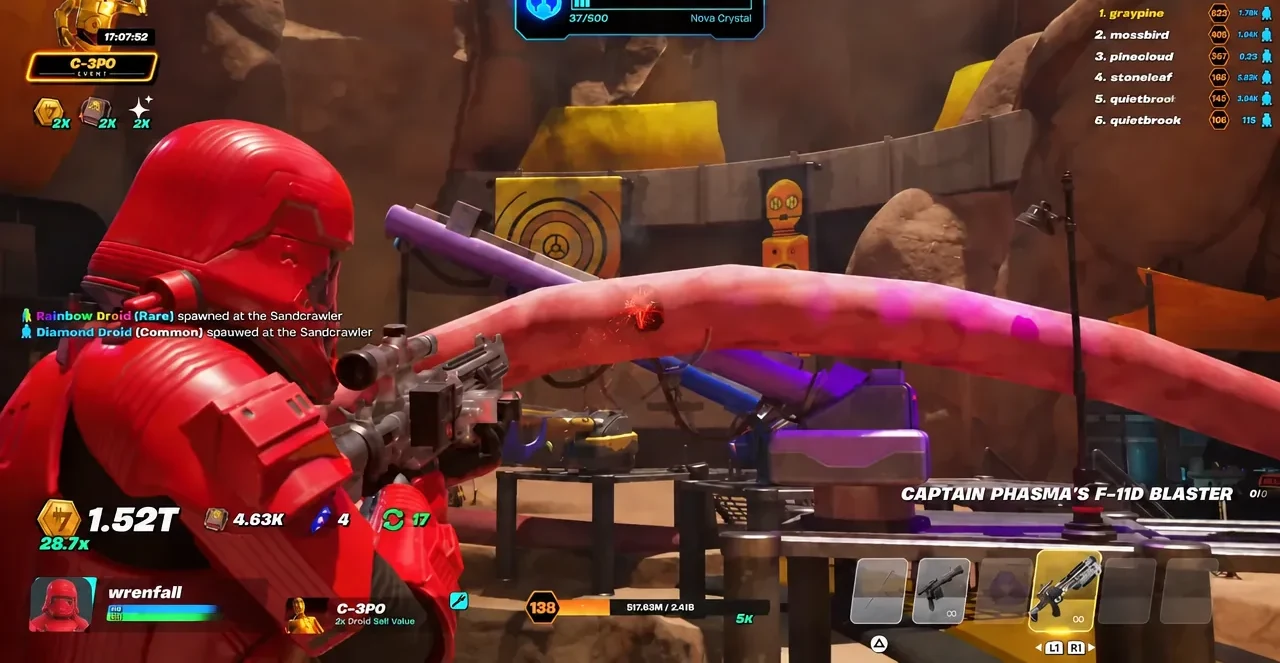 Captain Phasma's F-11D Blaster selected in the weapon bar during Droid Tycoon gameplay