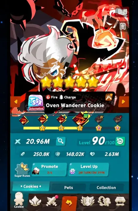 Oven Wanderer Cookie character screen with the Level Up button ready to tap