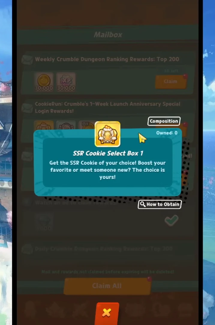Mailbox popup for SSR Cookie Select Box 1 explaining that it lets you choose an SSR Cookie