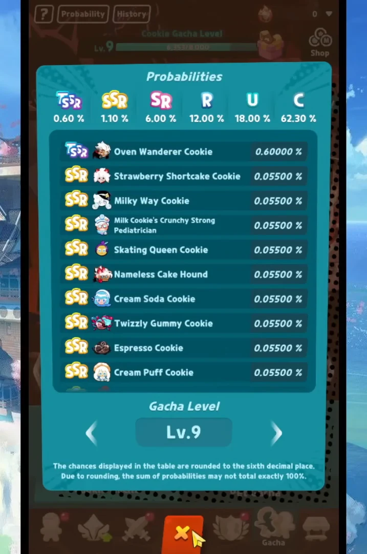 Probabilities menu listing rarity percentages and individual Cookie drop rates at Gacha Level 9