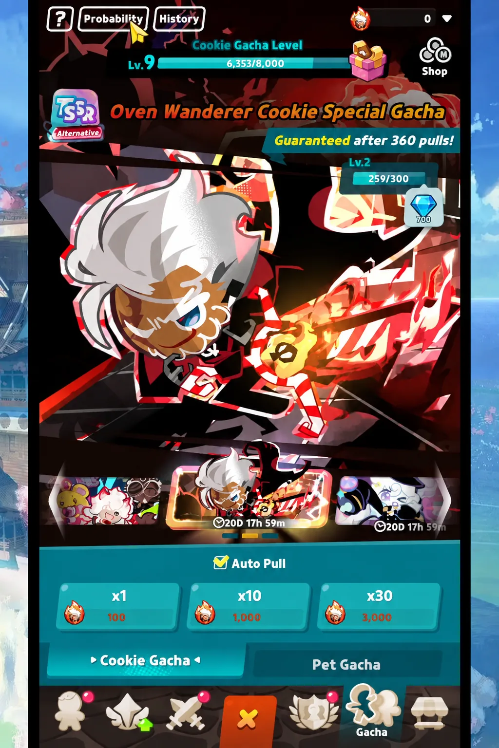 Cookie Gacha screen with the Probability button highlighted