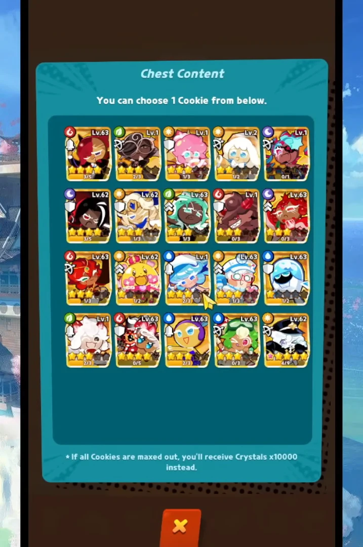 Chest Content screen showing a grid of selectable Cookies from the SSR select box