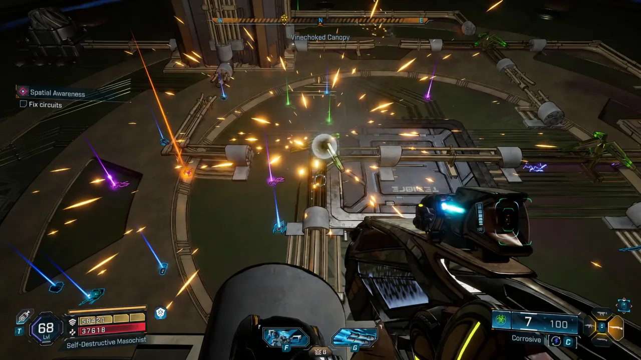 First-person view of the pipe network running across the circuit-covered floor of the chamber