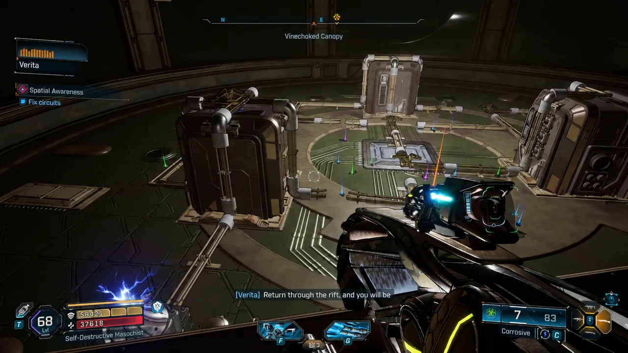 Aiming a corrosive weapon at the powered machinery while the Fix circuits objective is highlighted