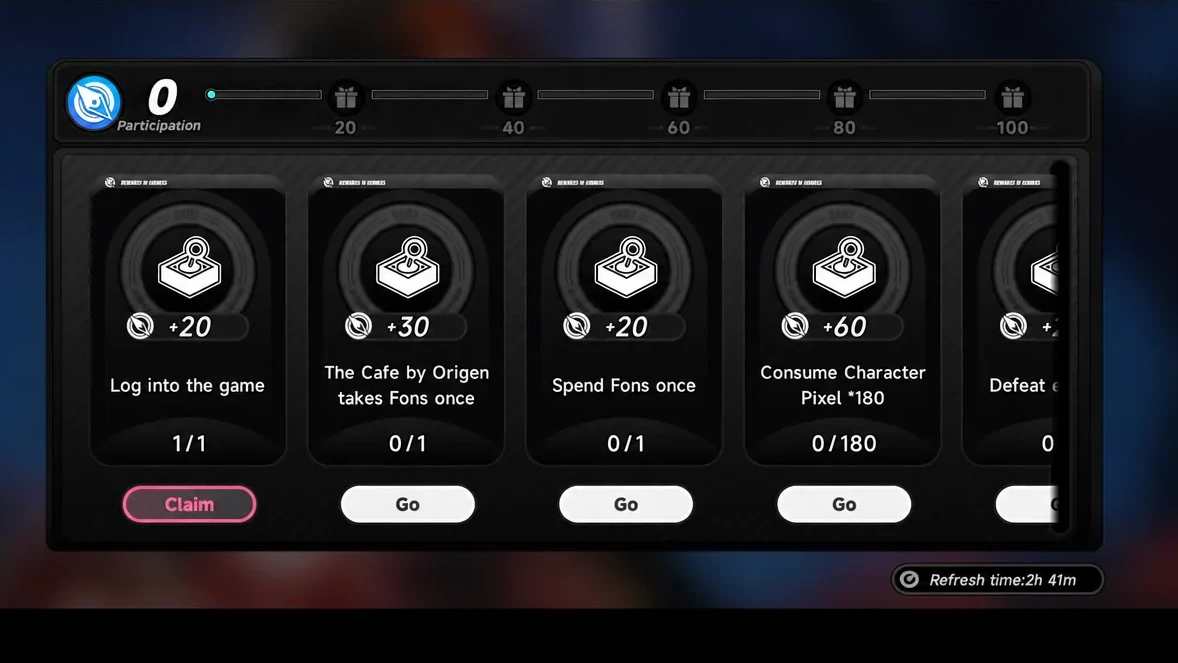 Participation screen with the Claim button lit up for the completed log-in reward