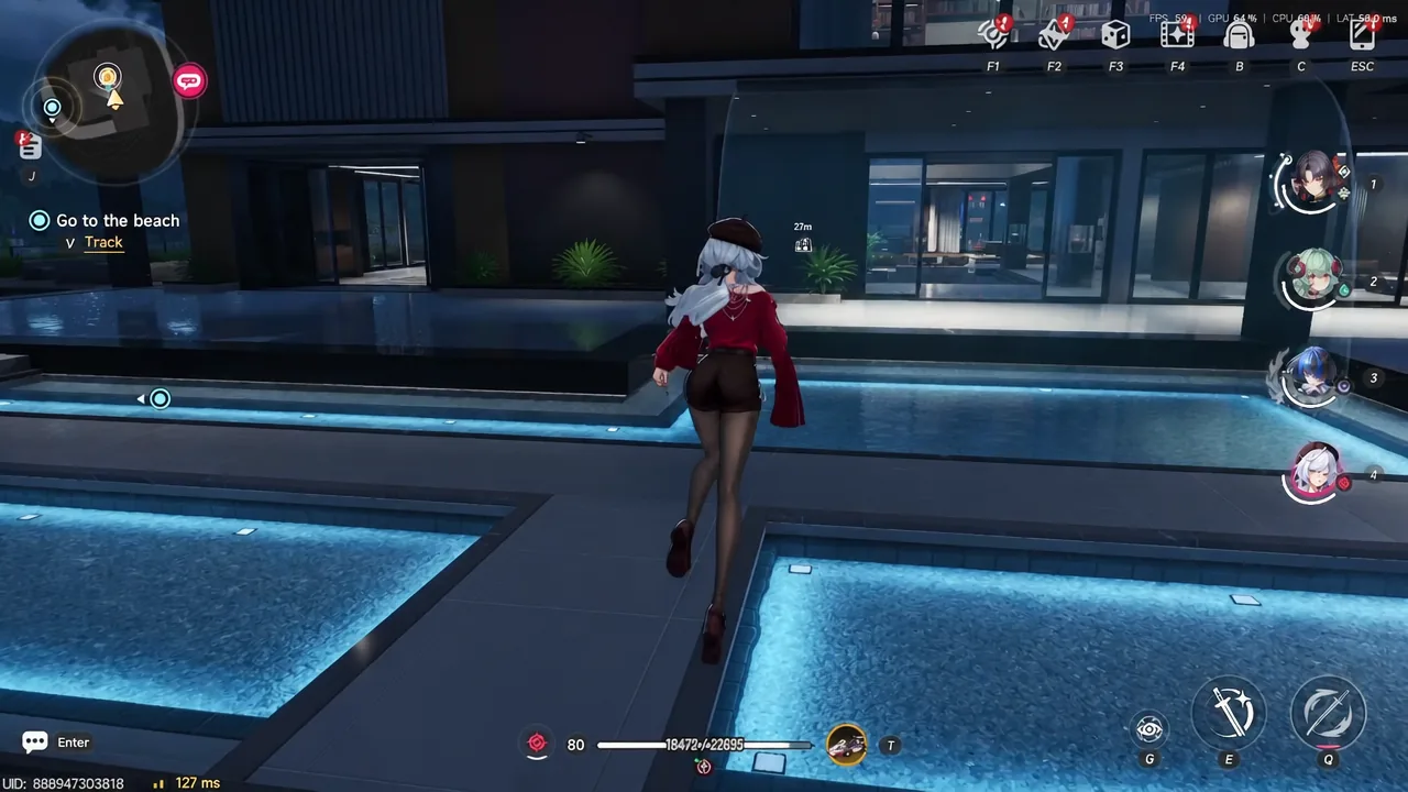 Story objective "Go to the beach" tracked on screen while the character heads toward the marker